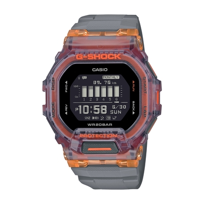 CASIO卡西歐 G-SHOCK 藍牙 半透明 灰x橘 經典方型 運動系列 GBD-200SM-1A5_45.9mm