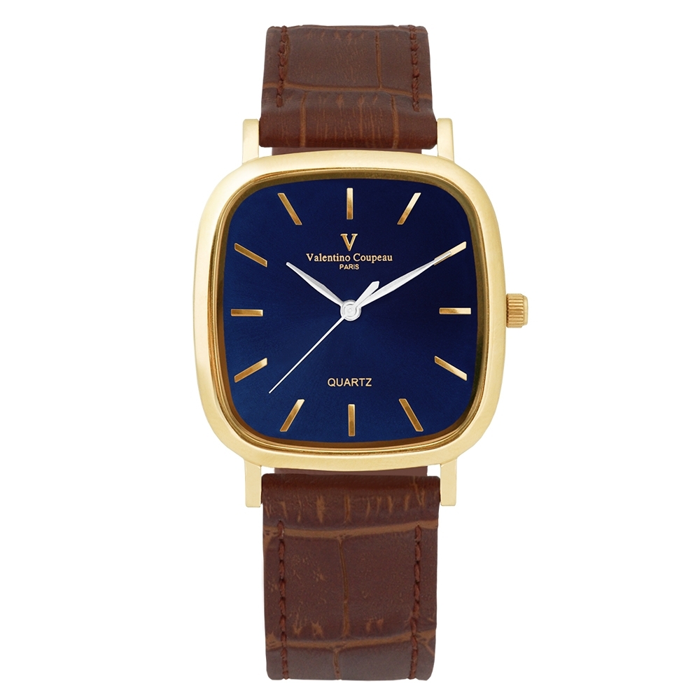 Valentino Coupeau 范倫鐵諾 古柏 經典方型腕錶35mm(金殼/藍面/咖帶)