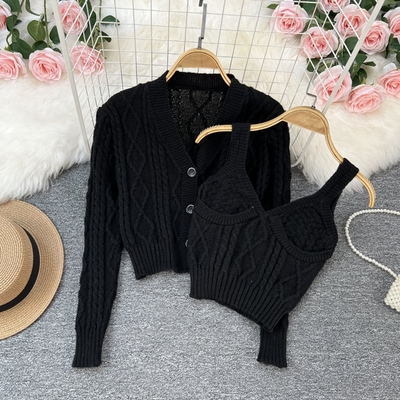 【Paiya 派亞】新款時尚休閒純色毛衣V領麻花針織開衫兩件套(均碼S-XL可穿)