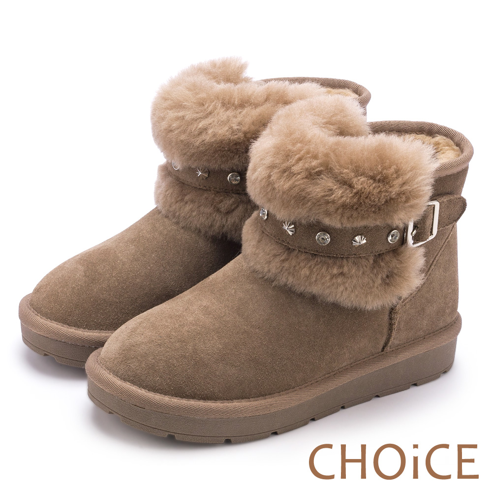 CHOiCE 暖暖時尚 牛皮鉚釦皮帶毛毛雪靴-可可