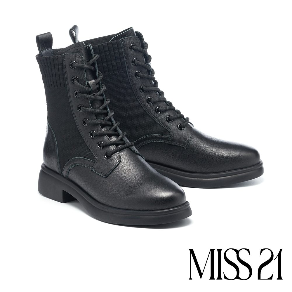 短靴 MISS 21 個性綁帶純色牛皮拼接彈力飛織厚底短靴－黑