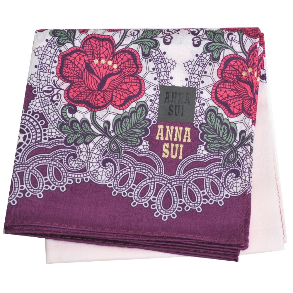 ANNA SUI 浮水印玫瑰花字母LOGO圖騰帕領巾(粉紅/葡萄紫)