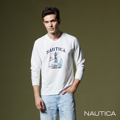 NAUTICA男裝 燈塔圖騰印花長袖T恤-白