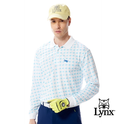 【Lynx Golf】男款吸濕排汗方型排列組合印花羅紋領造型長袖POLO衫/高爾夫球衫-白色