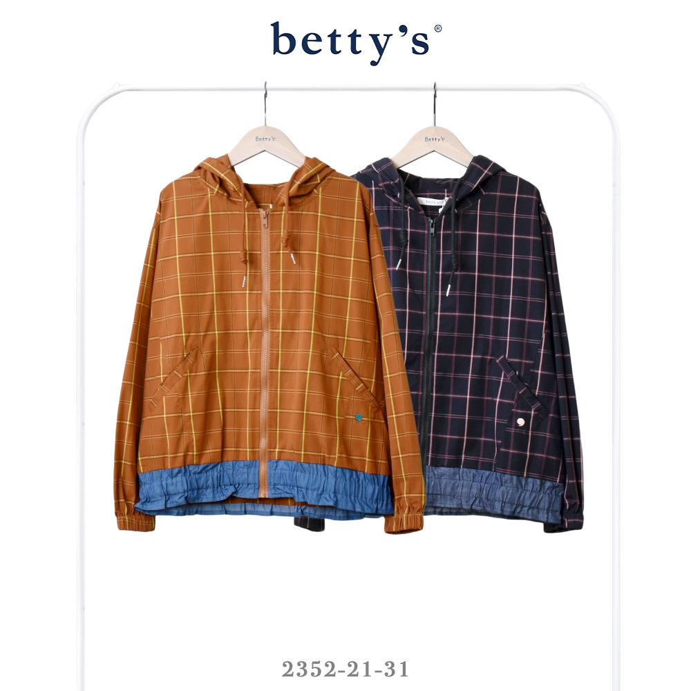 betty’s貝蒂思 方格拼接牛仔下擺抽皺連帽薄外套(共二色)