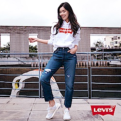 Levis 女款 501Crop高腰排釦直筒牛仔褲 刷破 及