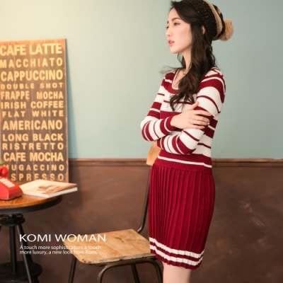 【KOMI】雙色條紋壓褶針織洋裝 (1576-802999)