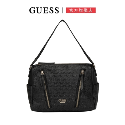 GUESS-女包-LOGO壓紋鉚釘背帶斜肩背包-黑