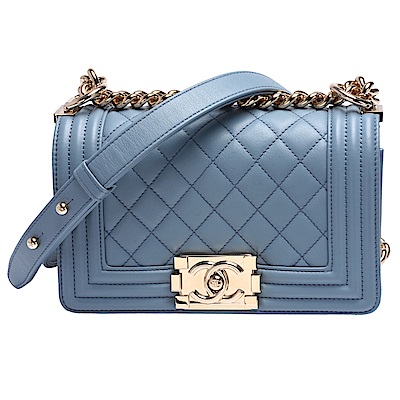 CHANEL 經典BOY系列小牛皮金屬釦壓邊金鍊肩背包(薄霧藍-20cm)