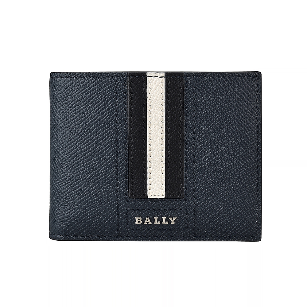 BALLY TEVYE銀字LOGO牛皮黑白條紋6卡短夾(深藍)