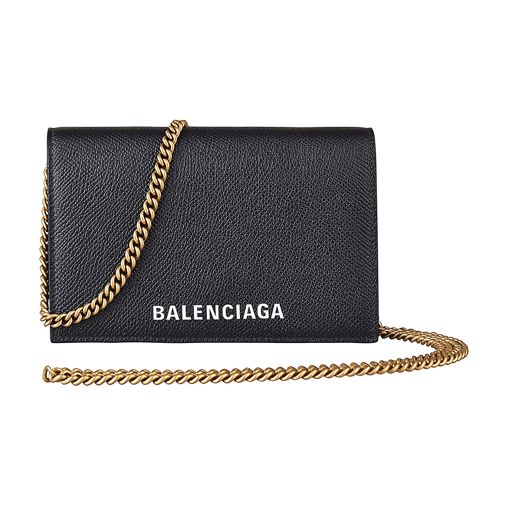 BALENCIAGA巴黎世家EVERYDAY白字LOGO小牛皮6卡釦式斜背中夾(黑)