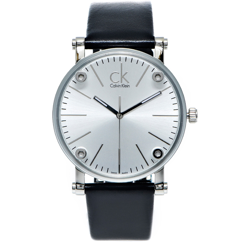 CK Calvin Klein 鏡面加厚款皮革手錶(K3B2T1C6)-銀面/42mm