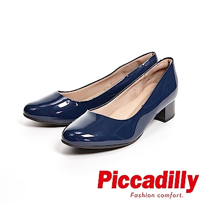 Piccadilly 俐落優雅 粗跟低跟女鞋-亮面藍(另有黑)