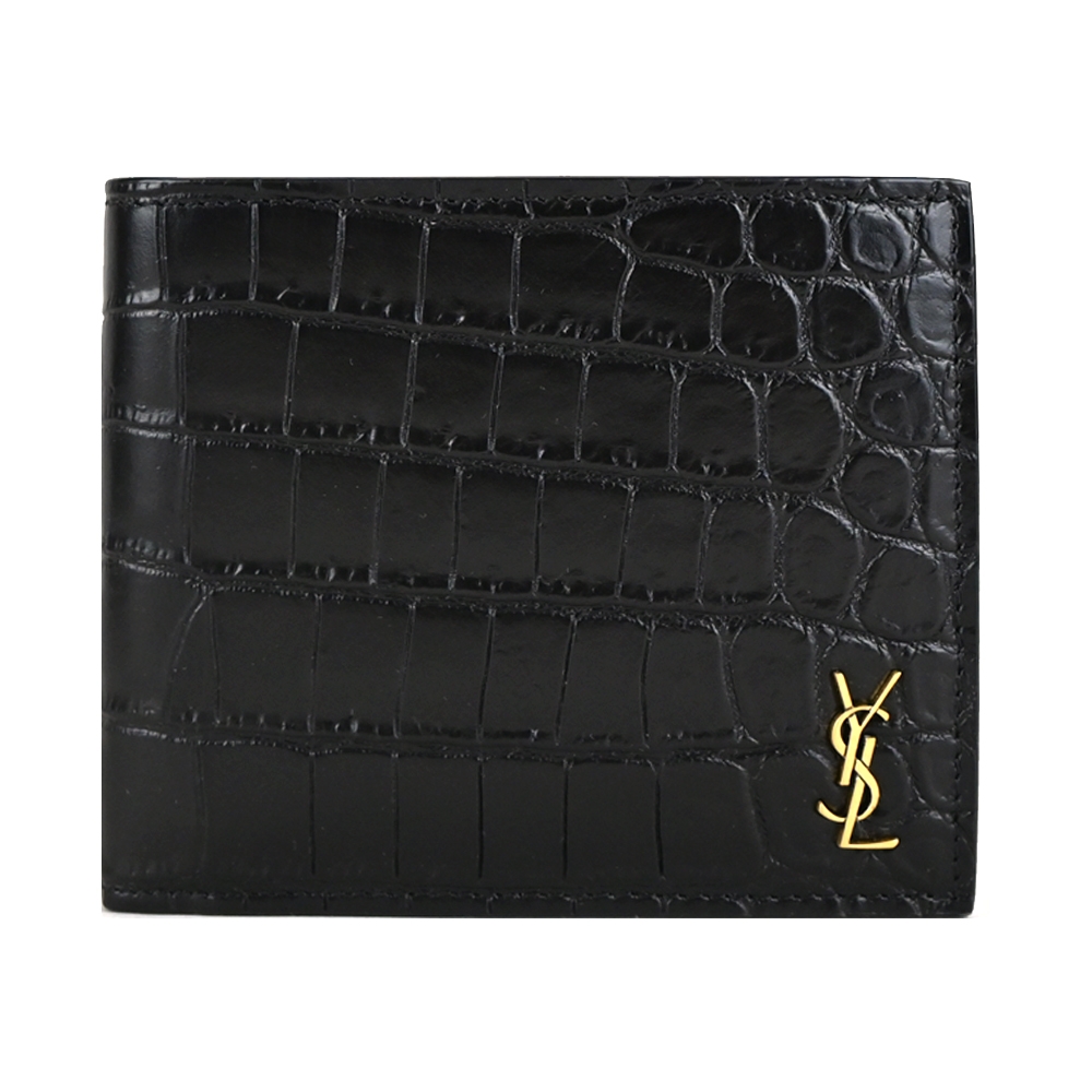 YSL 金屬LOGO鱷魚壓紋牛皮男士短夾(金x黑)