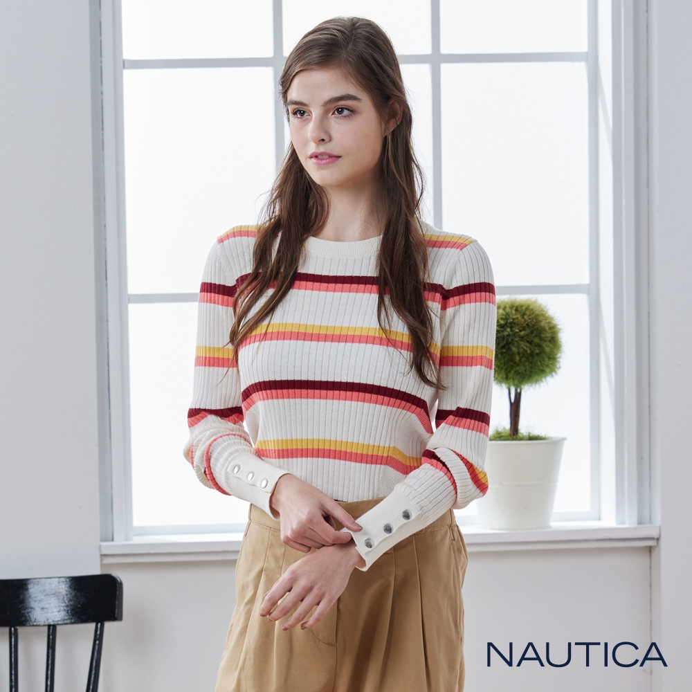 Nautica 女裝 撞色條紋修身針織衫-白