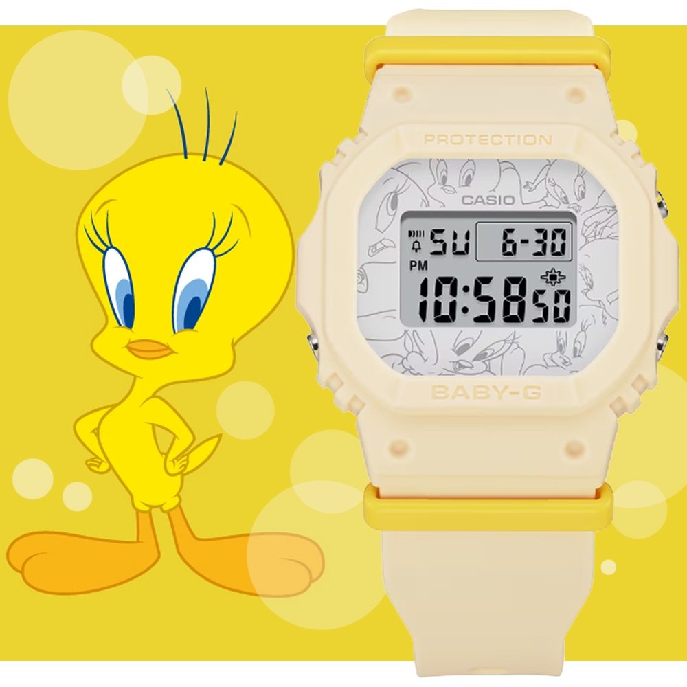 CASIO 卡西歐BABY-G聯名款Looney Tunes 崔弟Tweety 復古風電子錶(BGD