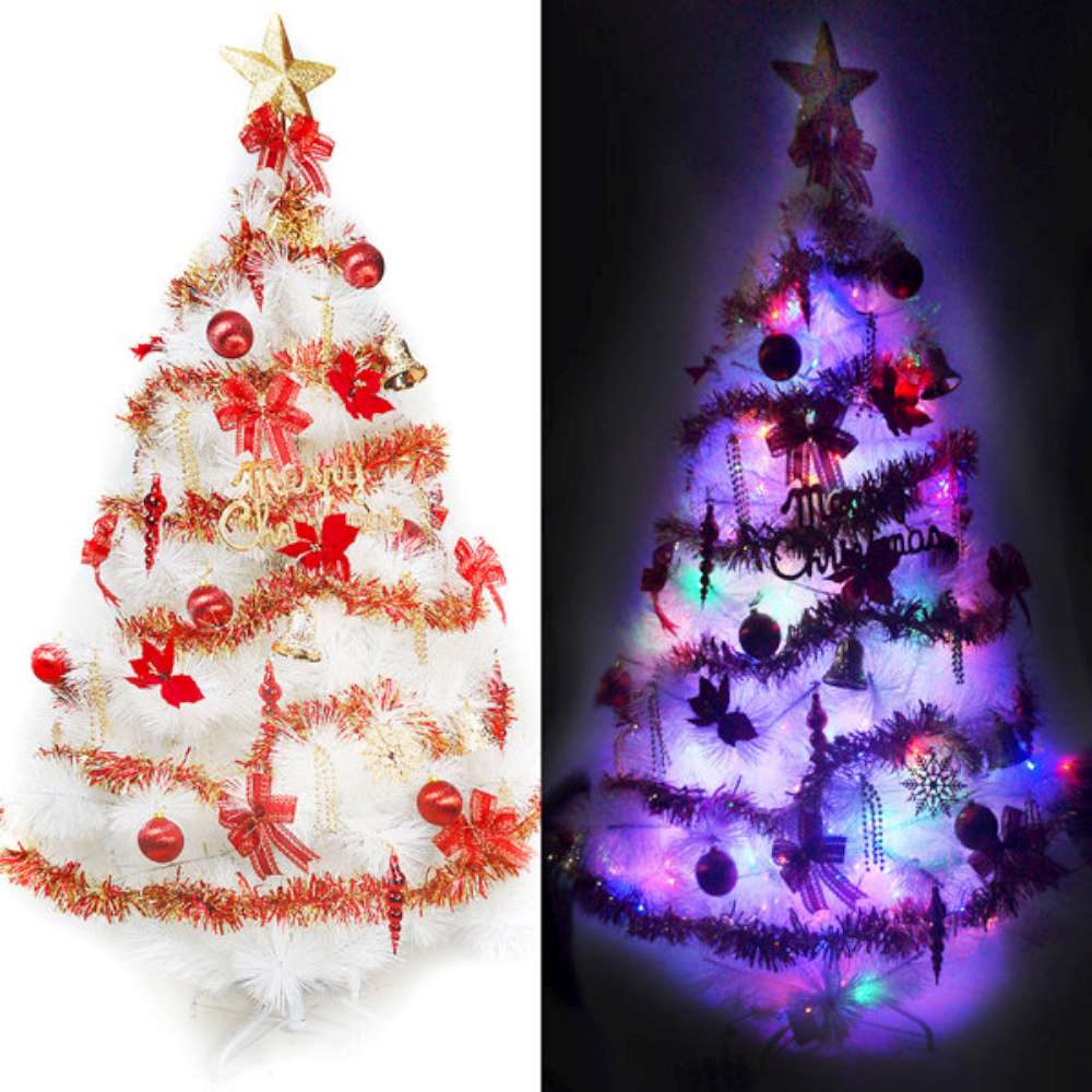 摩達客 8尺特級白色松針葉聖誕樹(紅金色系)+100燈LED燈4串彩光(附控制器跳機)