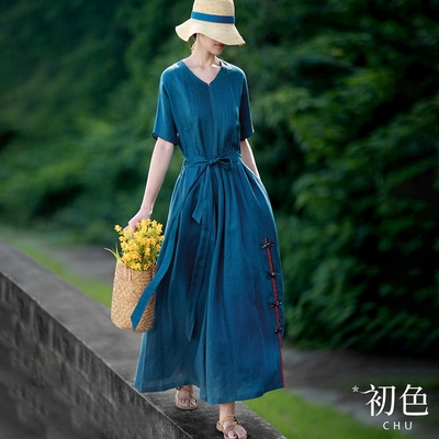 初色 V領系帶收腰棉麻風復古五分袖連身裙洋裝-藍色-32952(M-2XL可選)