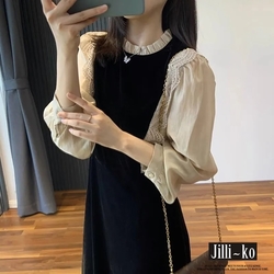 JILLI-KO 法式復古女蕾絲拼接絲絨連身洋裝- 黑色