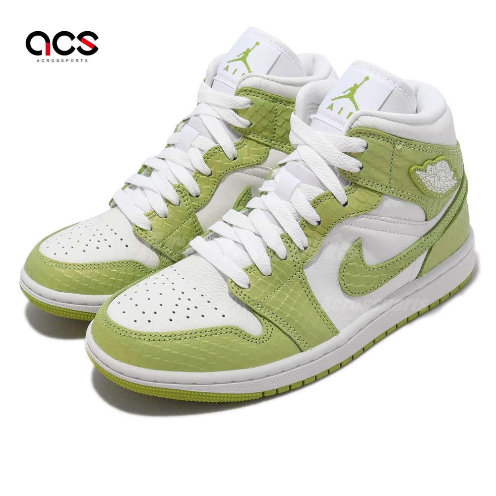 Nike 休閒鞋Wmns Air Jordan 1 Mid SE 白青檸綠女鞋男鞋高筒蛇紋荔枝皮 