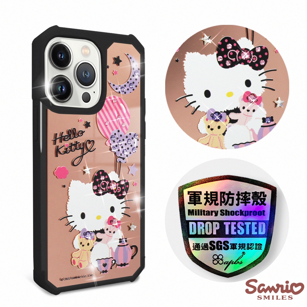 三麗鷗 Kitty iPhone 13 Pro 6.1吋軍規防摔鏡面水晶彩鑽手機殼-凱蒂夜未眠