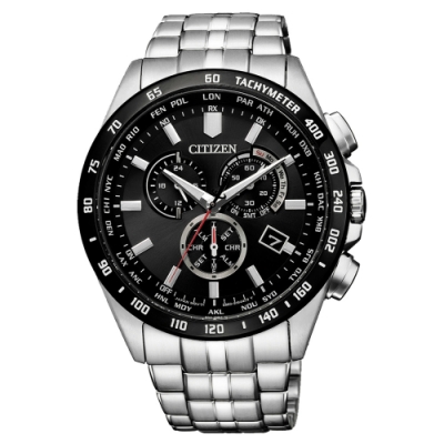 CITIZEN GENT'S光動能起程追風計時手錶-銀X黑(CB5874-90E)