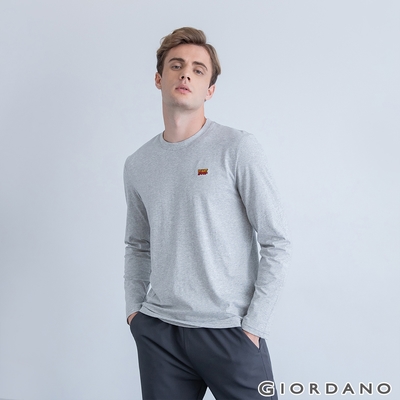 GIORDANO 男裝刺繡圓領長袖T恤 - 27 中花灰