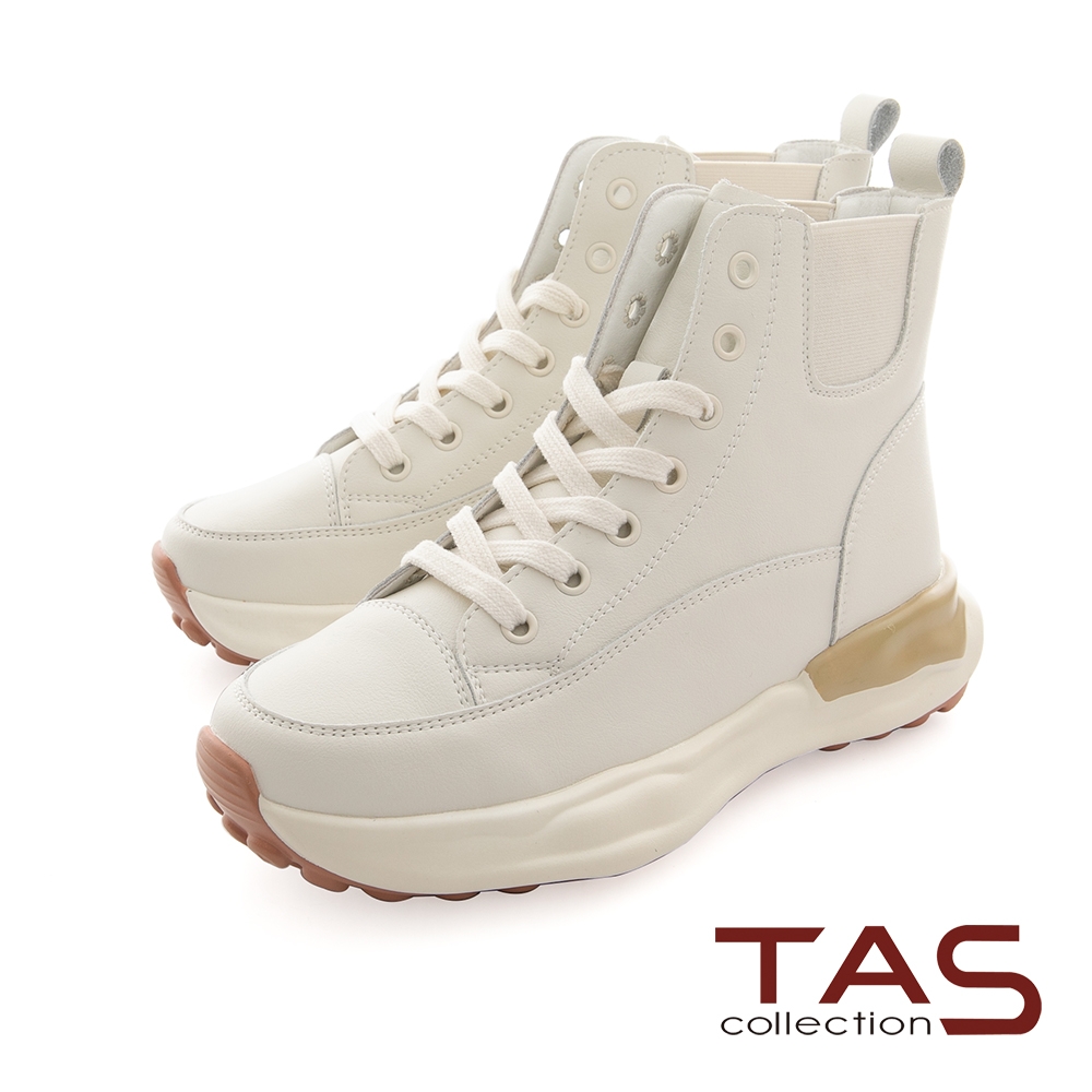 TAS牛皮拼接綁帶造型中筒休閒鞋-個性白