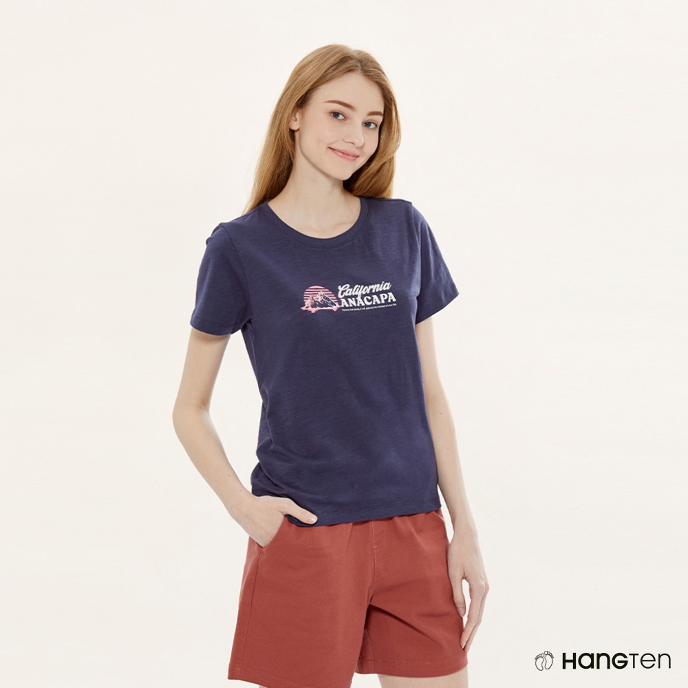 Hang Ten-女裝-REGULAR FIT竹節棉國家公園夕陽印花短袖T恤-深藍