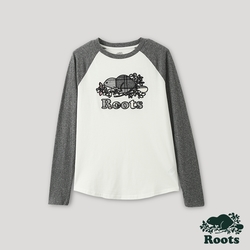 Roots 女裝- 格紋風潮系列 海狸LOGO棒球長袖T恤-灰色