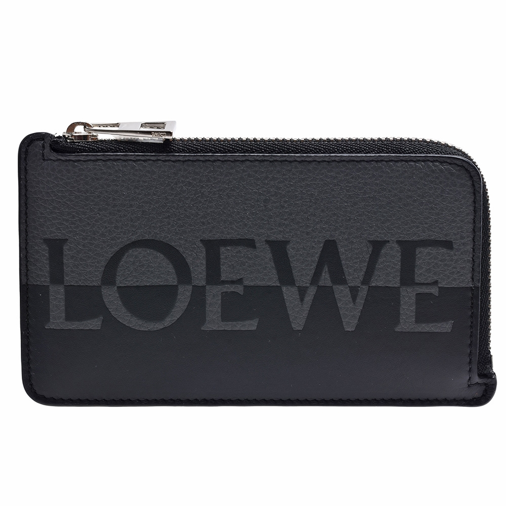 LOEWE 經典品牌LOGO小牛皮拉鍊卡夾/零錢包(曜石黑/灰)