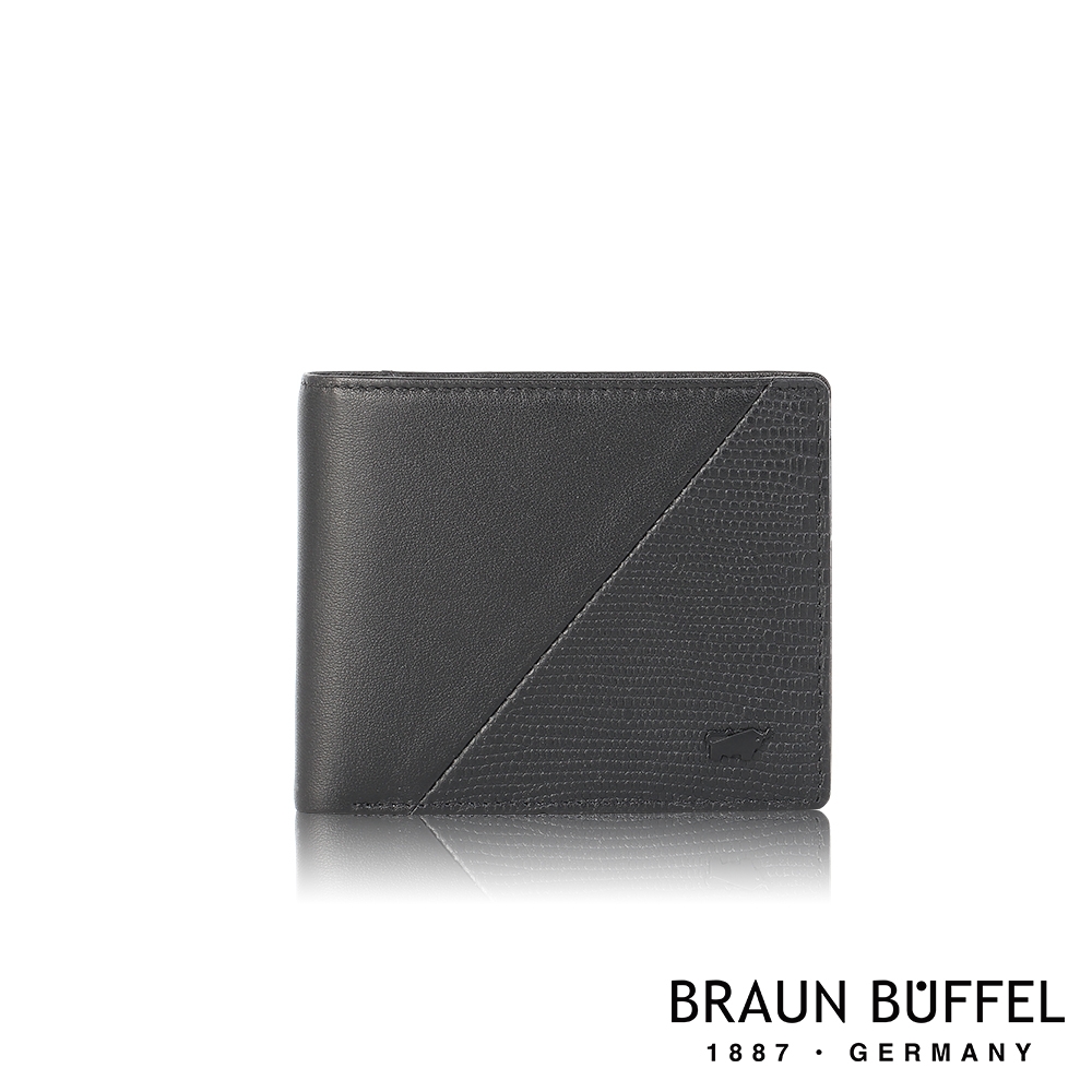 【BRAUN BUFFEL 德國小金牛】台灣總代理 量子 12卡中間翻透明窗短夾-黑色/BF382-317-BK