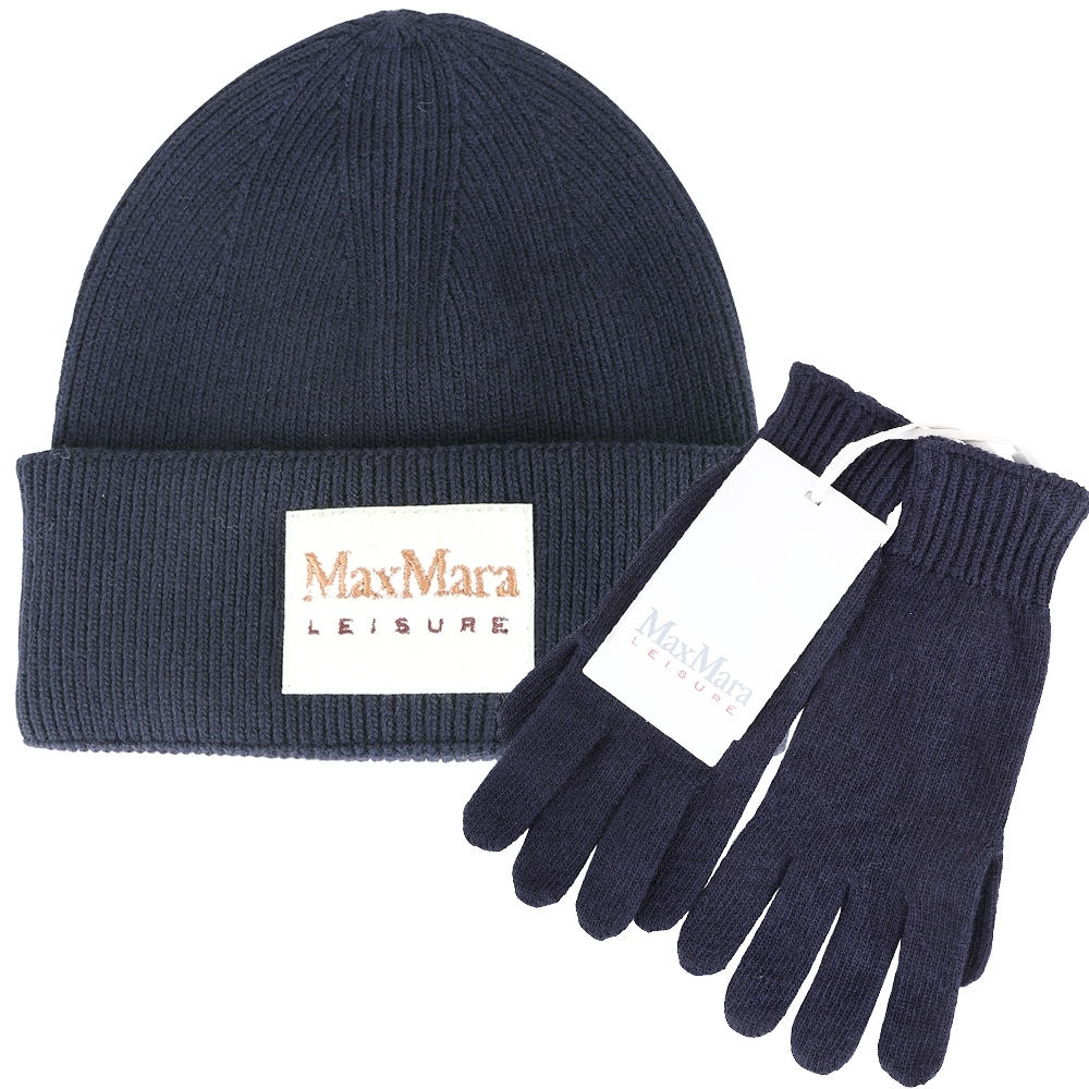 MAX MARA-Leisure 簇絨刺繡字母羊毛絨混紡羅紋反褶針織帽+手套(深藍色)