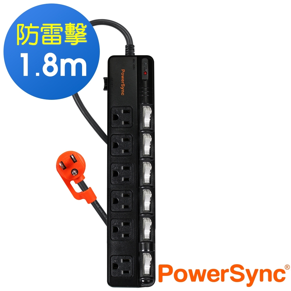 PowerSync 群加 3孔6開6 插斜面開關防雷延長線1.8米TPS366BN0018