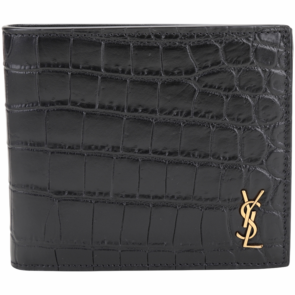 YSL Saint Laurent TINY MONOGRAM 金字鱷魚紋牛皮對折短夾(黑色)