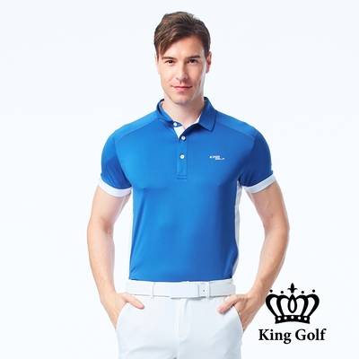 【KING GOLF】男款簡約拼接設計剪裁POLO衫/高爾夫球衫-藍色