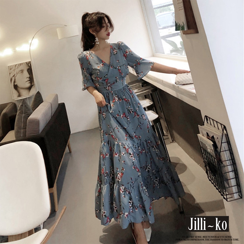 JILLI-KO 古典風碎花連衣裙- 藍色