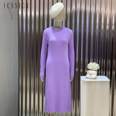 JESSICA - 百搭修身坑條羊絨混紡長袖針織洋裝22437G（紫）