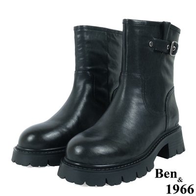 Ben&1966高級頭層牛皮個性寬筒中性短靴-黑(237191)