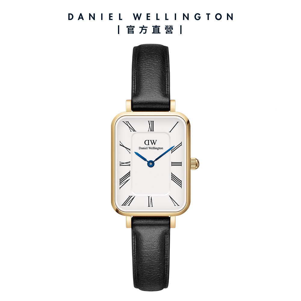Daniel Wellington DW 手錶  QUADRO Roman numerals 20x26mm 小藍針系列寂靜黑皮革小方錶(兩色任選)