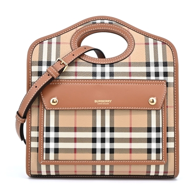 BURBERRY Horseferry 經典格紋帆布Pocket手提/斜背包(迷你/石楠木棕色 )