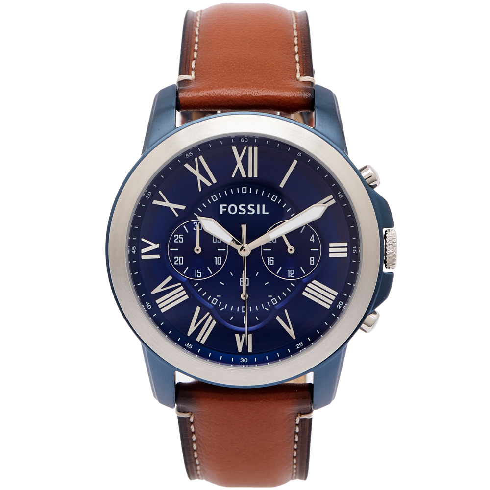 FOSSIL 羅馬優雅風計時的皮帶手錶(FS5151)-藍面X咖啡色/44mm