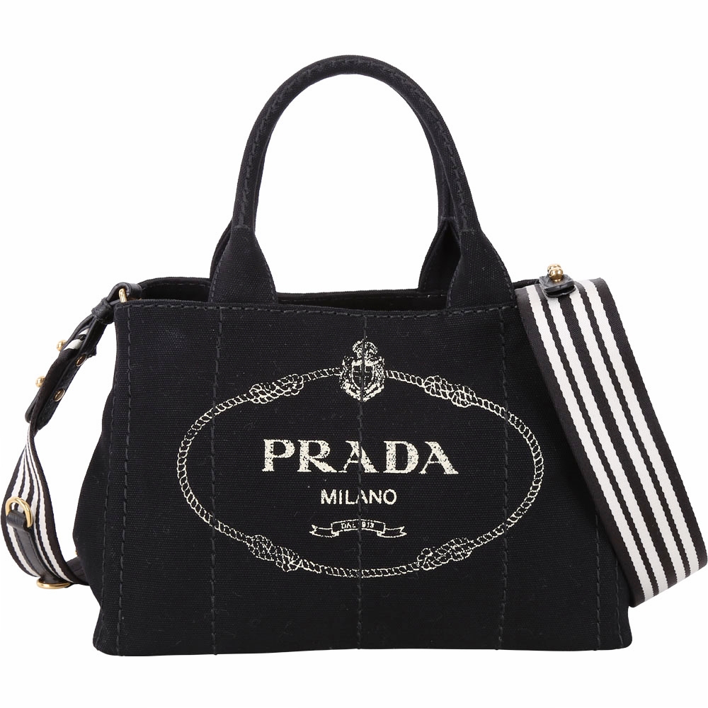 PRADA Canvas 條紋背帶 徽標印花單寧帆布手提/斜背托特包(黑色)