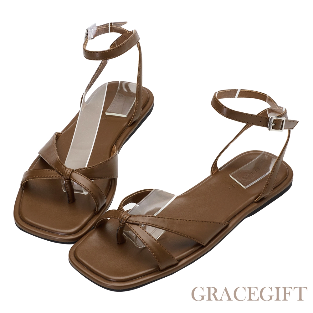 【Grace Gift】交叉套趾方頭平底涼鞋 棕 product image 1