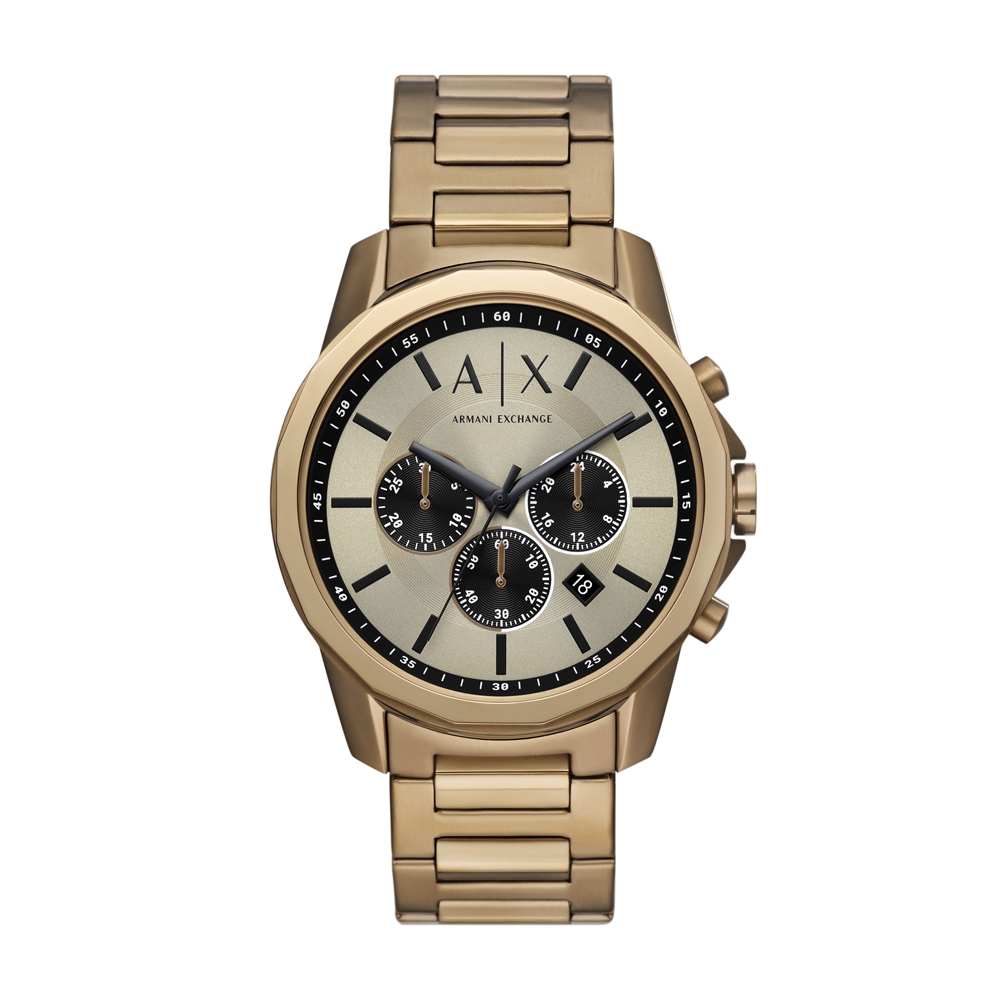 A│X Armani Exchange 溫紳品格三眼計時腕錶-卡其X古銅-AX1739-42mm