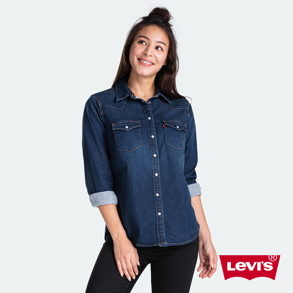 Levis 女款 牛仔襯衫 Sorbtek保暖纖維 不規則微刷白