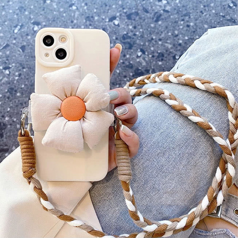 【JC Collection】立體大花朵背蓋夾背繩可分開手機殼適用於IPhone13&14&13pro&14pro(米色)