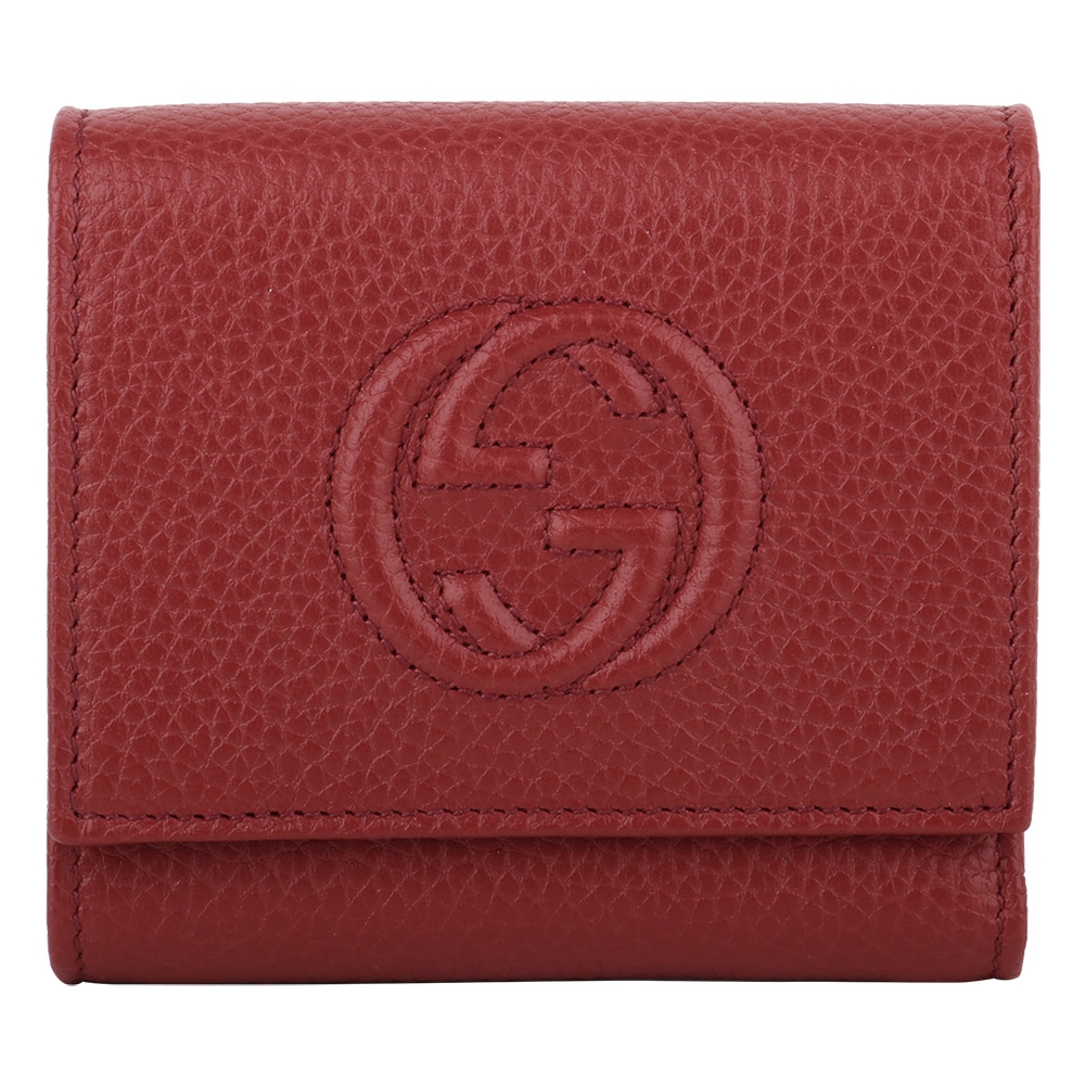 GUCCI 經典雙G LOGO荔枝紋牛皮暗釦三折短夾  紅