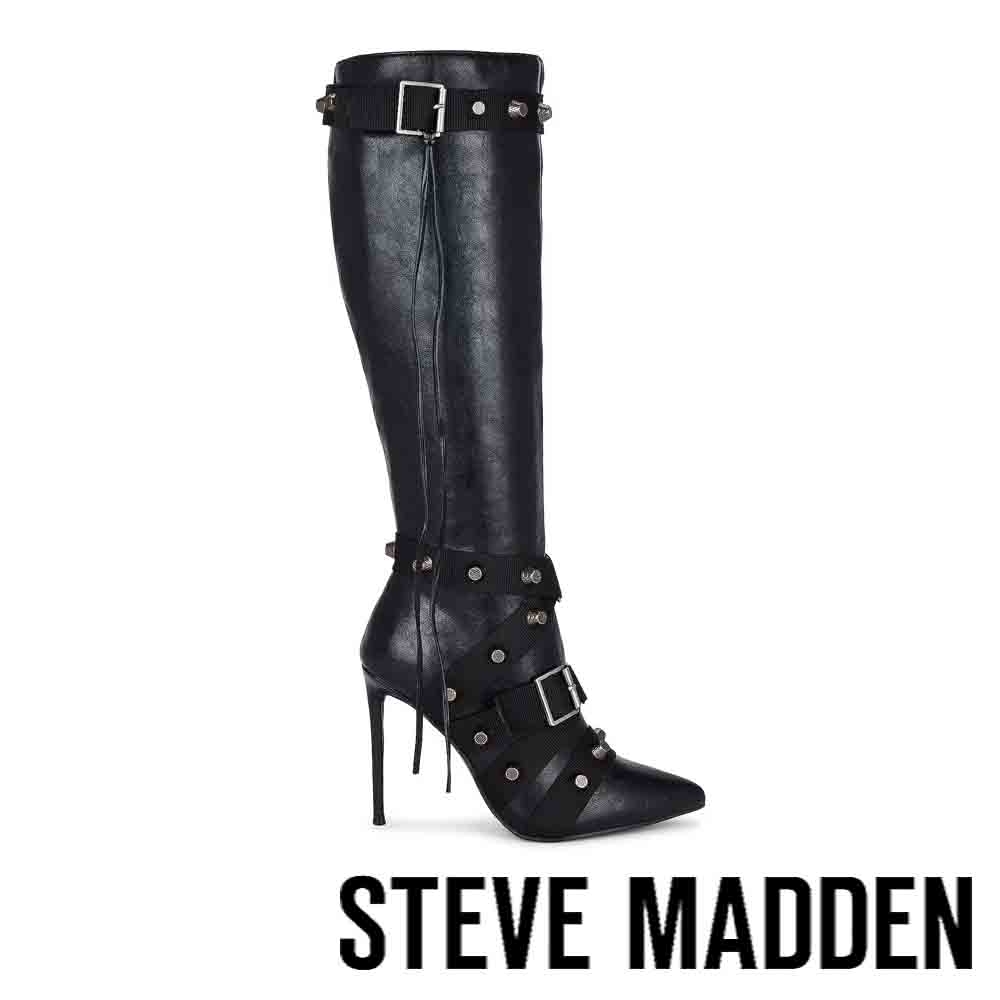 STEVE MADDEN-FINKLE 鉚釘皮釦尖頭細跟長靴-黑色