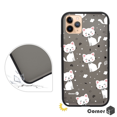Corner4 iPhone 11 Pro 5.8吋柔滑觸感軍規防摔手機殼-小白貓(黑殼)